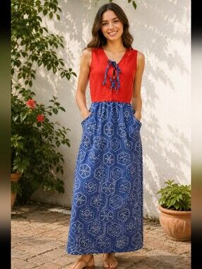 Design House Vintage 70's Women's Maxi Apron Dress Cotton Red/blue W/Pockets #C